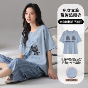 睡衣纯棉女夏季新款短袖七分裤卡通全棉韩版宽松家居服可外穿套装