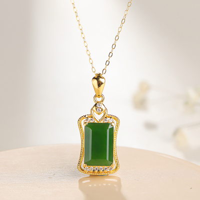 印象眸足金镶和田玉吊坠3d硬金黄金镶碧玉镂空女款玉石挂件附送证书吊坠