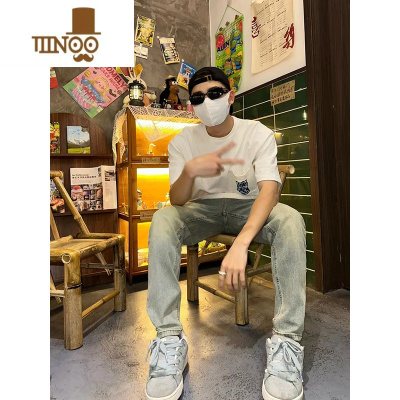 YANXU2023秋季新款黄泥色复古工装牛仔裤子男青少年潮牌直筒微喇叭长裤