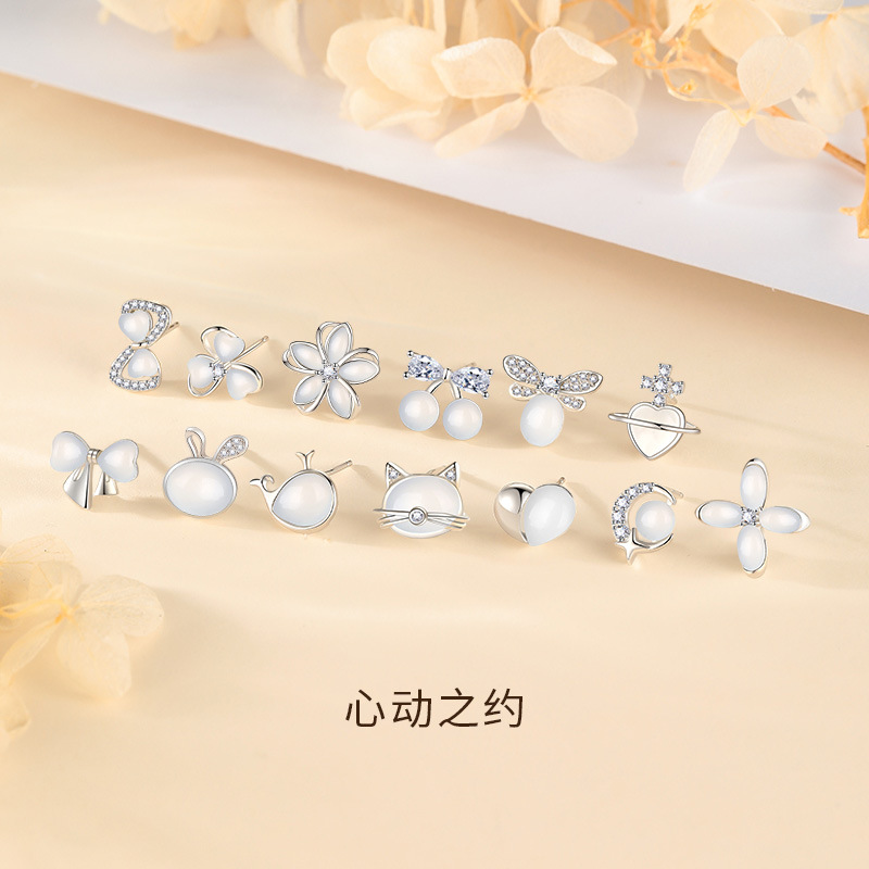 s999原创猫眼石四叶草耳钉女足银小众设计感高级耳环2024年新款爆