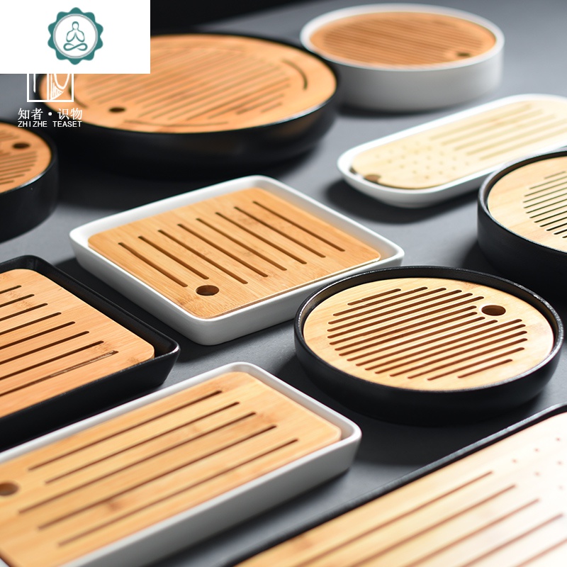 小茶盘 日式办公室竹制功夫茶具圆方形干泡台茶托 封后 正方盘(陶青)