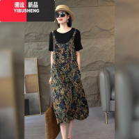 YIBUSHENG季薄款拼接碎花连衣裙大码女装胖mm宽松显瘦高级感假两件长裙子
