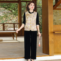 金丝绒洋气妈妈套装女时尚国风三件套中老年套装女春装新款衣服薄