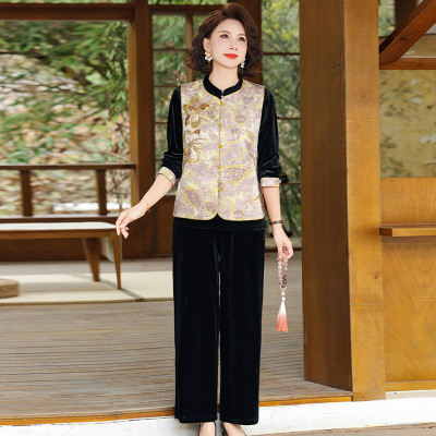 金丝绒洋气妈妈套装女时尚国风三件套中老年套装女春装新款衣服薄