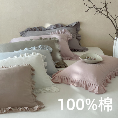 韩系少女感花边款枕头套单品单件一对纯棉双层纱单人枕套两只