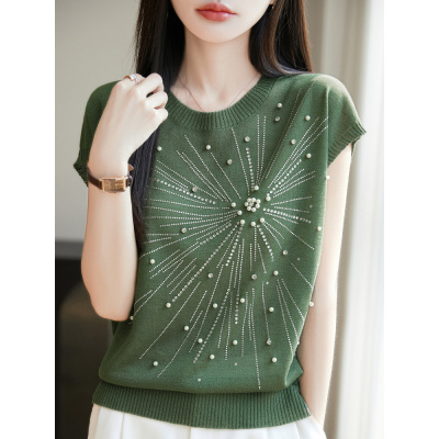 重工钉珠烫钻圆领针织短袖T恤女2025新款设计感小众无袖背心上衣
