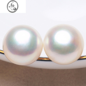 JiMi12-13-14mm强光无暇S925银包超特大珍珠耳钉大白馒头圆面包珠 超级大白馒头耳钉s925银