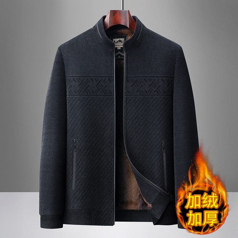 爸爸雪尼尔外套男秋冬款加绒加厚中老年毛呢保暖夹克中年男士冬装