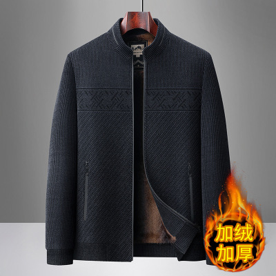 爸爸雪尼尔外套男秋冬款加绒加厚中老年毛呢保暖夹克中年男士冬装_667
