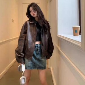海宁新款咖啡街区休闲复古绵羊皮革真皮皮衣女韩版夹克外套女
