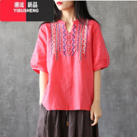 YIBUSHENG麻复古民族风刺绣短袖上衣女宽松v领女士t恤竹节棉泡泡袖好看
