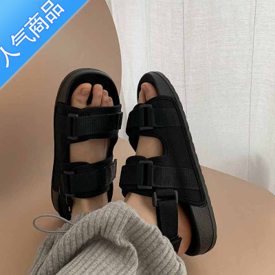 SUNTEK大码凉鞋41一43女外穿夏季运动新款胖脚宽魔术贴平底厚底罗马女鞋