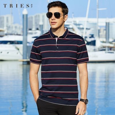 才子男装tries丝光棉polo衫短袖男士夏季新款修身薄款翻领条纹冰丝T恤
