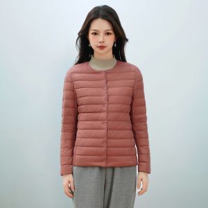 女式新国标90绒新款纯色女装圆领V领简约长袖羽绒服外套