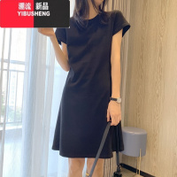 YIBUSHENG小个子修身领短袖连衣裙女韩版学生百搭显瘦纯色中长款A字小黑裙