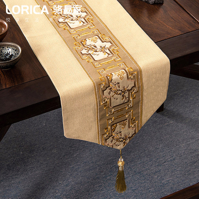 新中式桌旗禅意刺绣茶几餐桌布长条装饰布现代简约电视柜盖巾 南山秀色-米黄 33*180cm(适用桌长1.3米-1.4米)