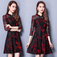 冠街 春装新款女韩版百搭时尚显瘦改良旗袍蕾丝连衣裙S142