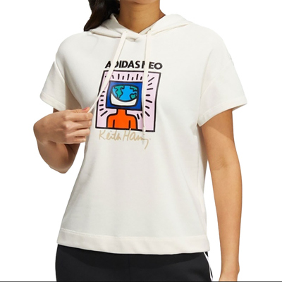 adidas/阿迪达斯女子宽松印花连帽运动休闲短袖T恤 HD7255 C