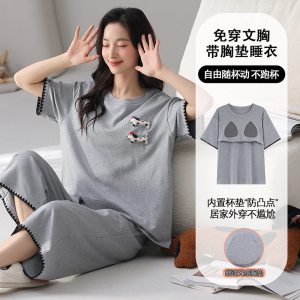 睡衣纯棉女夏季新款短袖七分裤卡通全棉韩版宽松家居服可外穿套装