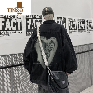 YANXUvibe国潮高街黑色牛仔外套男款oversize潮流痞帅大码工装夹克