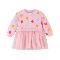 [1件3折]秋季新款女童针织长袖连衣裙甜美印花裙子休网纱拼接连衣裙