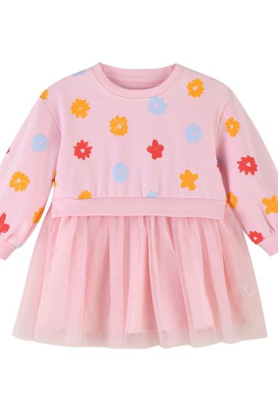 [1件3折]秋季新款女童针织长袖连衣裙甜美印花裙子休网纱拼接连衣裙