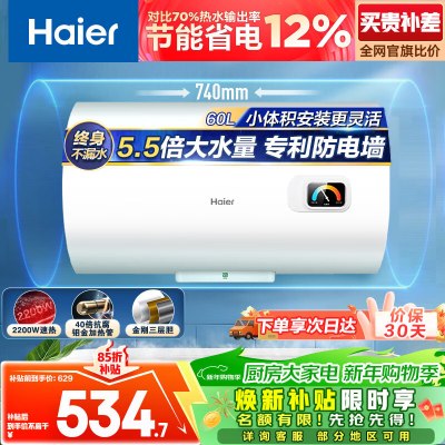 海尔(Haier)[HC3新]60升电热水器 金刚搪瓷胆 国家补贴15% 租房优选大水量 2200W速热家用储水式