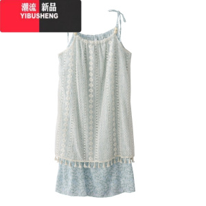 YIBUSHENG季新款法式海边度假风流苏蕾丝吊带裙女中长款碎花连衣裙仙女裙 蓝色 均码