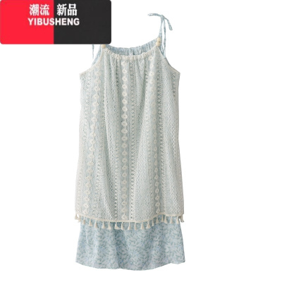 YIBUSHENG季新款法式海边度假风流苏蕾丝吊带裙女中长款碎花连衣裙仙女裙