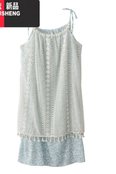 YIBUSHENG季新款法式海边度假风流苏蕾丝吊带裙女中长款碎花连衣裙仙女裙