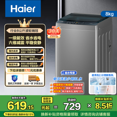 海尔(Haier)8公斤 全自动 波轮洗衣机 除螨洗 清新换风 XQB80-Z10D0 博卡灰 1级能效