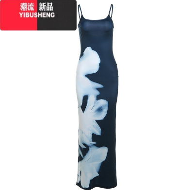 YIBUSHENG欧美辣妹风性感印花吊带连衣裙女紧身显身材露背包臀长裙子