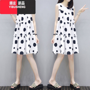 YIBUSHENGCD无袖连衣裙女春季法式复古时尚圆点中长款宽松显瘦大码娃娃裙