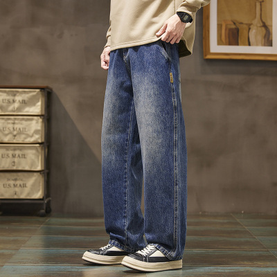 侧标装饰渐变蓝牛仔裤男士 宽松直筒 通勤休闲 复古阔腿拖地长裤