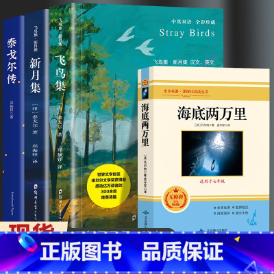 [共4册]飞鸟集+新月集+海底两万里+泰戈尔传 [正版]飞鸟集新月集泰戈尔著生如夏花诗选选集全2册中英双语版全新精美彩图