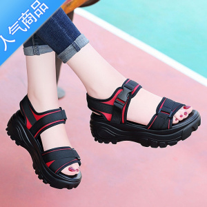 SUNTEK韩版厚底运动凉鞋女夏2021新款休闲百搭露趾松糕鞋魔术贴学生凉鞋