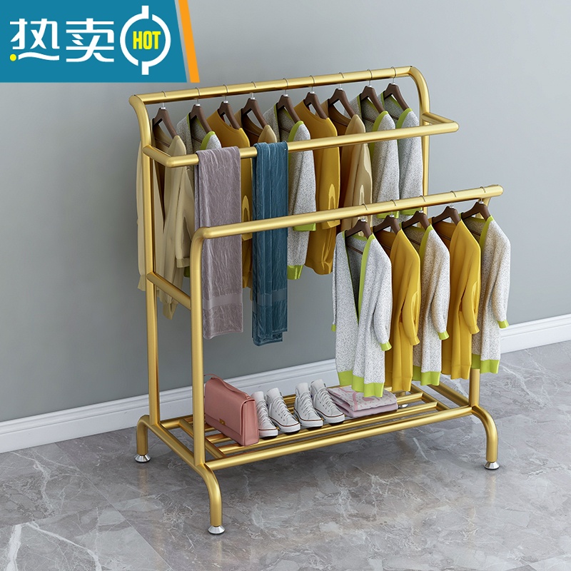 敬平衣架卧室落地挂衣架衣帽架阳台晾衣架晒鞋被子大容量收纳衣服器 纳米金色 三根管长100高160