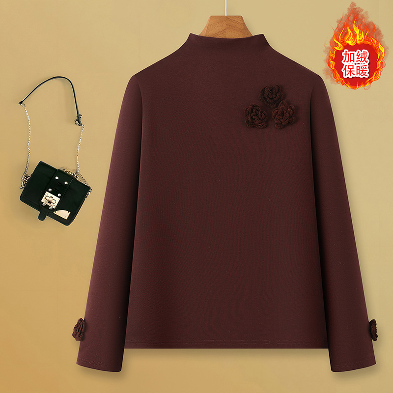 时尚妈妈冬装新款加绒加厚打底衫上衣中老年女半高领保暖百搭