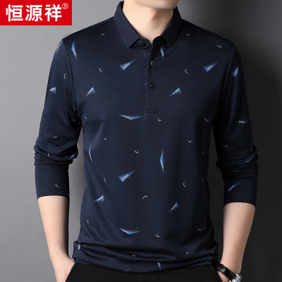 恒源祥含山羊绒长袖polo衫男装2025春秋翻领T恤爸爸装打底衫上衣