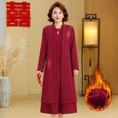 喜婆婆婚宴装新款加绒加厚结婚礼服中老年妈妈冬装连衣裙套装