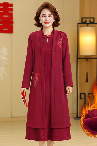 喜婆婆婚宴装新款加绒加厚结婚礼服中老年妈妈冬装连衣裙套装