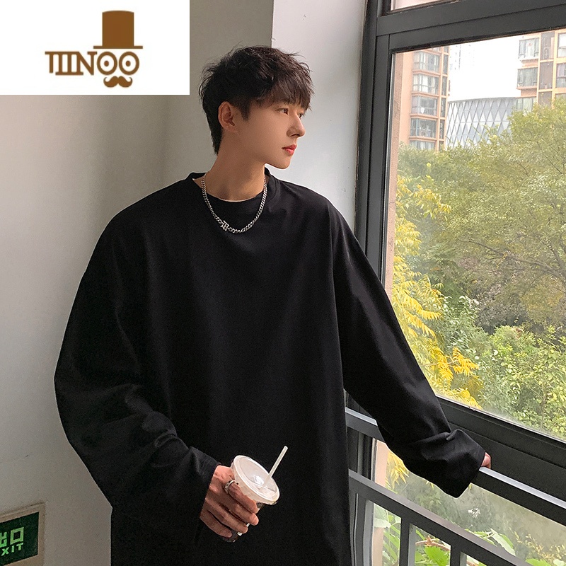 YANXU纯色男士长袖t恤潮牌oversize圆领卫衣秋装内搭打底衫