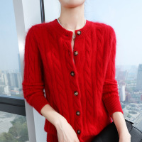 麻花貂绒圆领开衫秋冬新款女士单排扣打底衫温柔风洋气外套