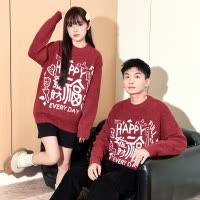 [2.5折价122元]唐狮冬季新款情侣同码红色毛衣圆领复古花纱节日款针织衫潮流