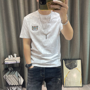 短袖T恤男夏季新款男士满身卡通印花修身刺绣半袖丝光棉上衣