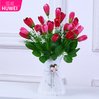 客厅酒柜电视柜假花仿真花束装饰品摆件室内餐桌塑料花卉盆景摆设郁金香-酒红+瓶-弧威(HUWEI)