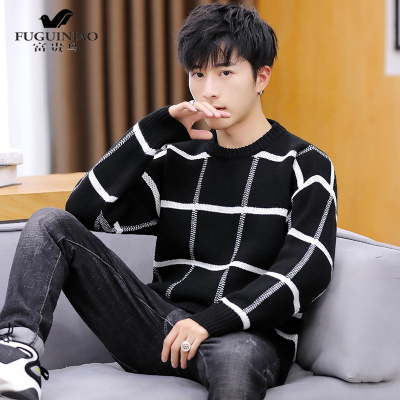 富贵鸟（FUGUINIAO）男士圆领针织衫潮流休闲学生格子毛线衣青少年帅气秋冬季打底毛衣男