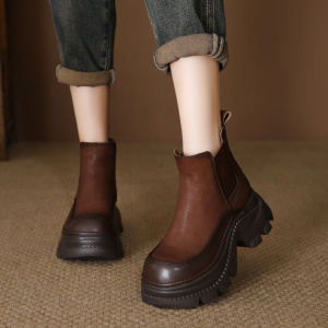头层牛皮年冬季新款厚底内增高切尔西短靴子女松糕矮筒短靴