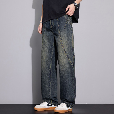 春秋复古牛仔裤男士解构泥水洗工厂直供宽松阔腿长裤子_855