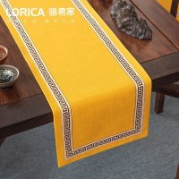 美式桌旗新中式禅意茶旗布现代简约茶几餐桌北欧电视柜布床旗定制 福延年-黄色(平角款) 33*420cm